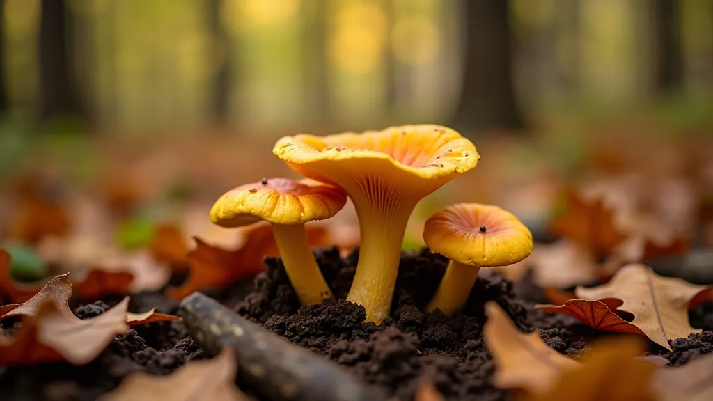Rūgštynai ir grybų vištos augantys rudenio miške, spalvoti lapai, šlapia žemė