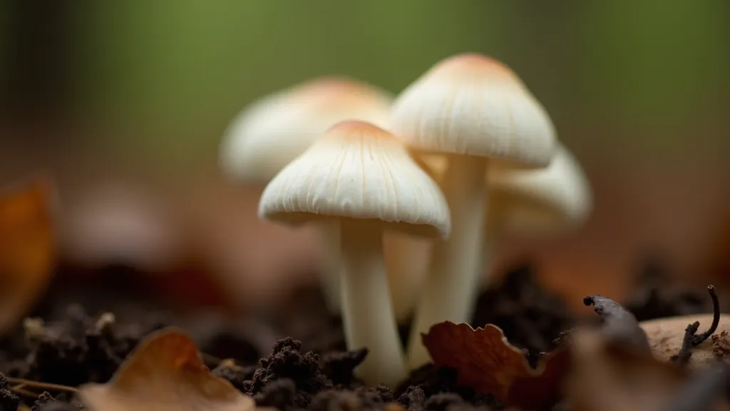 Grybų rūšis su balta kepure ir baltu stiebai pilkame miško grinde