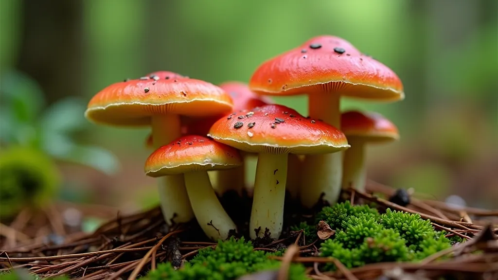 Puvinė (Russula mairei) grybų grupė žalios spalvos kepurėmis