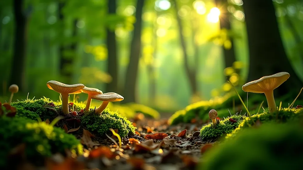 Žalias miško aplinkoje su grybais prie medžių šaknų