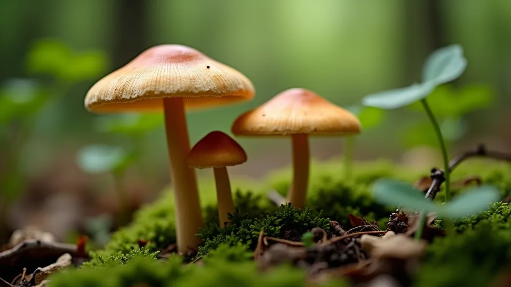 Žaliame miške augantys grybai tarp sausos žolės ir lapų